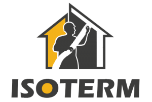 Logo firmy ISOTERM – sylwetka pracownika ocieplającego dach domu, w kolorach żółtym, szarym i czarnym, symbolizująca izolacje termiczne i ocieplanie poddaszy.